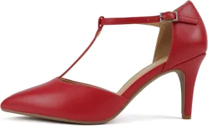 Soda Bahia ~ Women Pointed Toe Closed Back Counter Stiletto Mid Heel T-Strap Pump Shoe