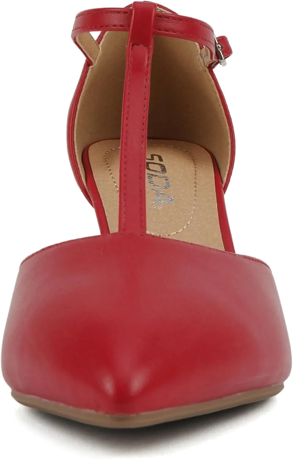 Soda Bahia ~ Women Pointed Toe Closed Back Counter Stiletto Mid Heel T-Strap Pump Shoe