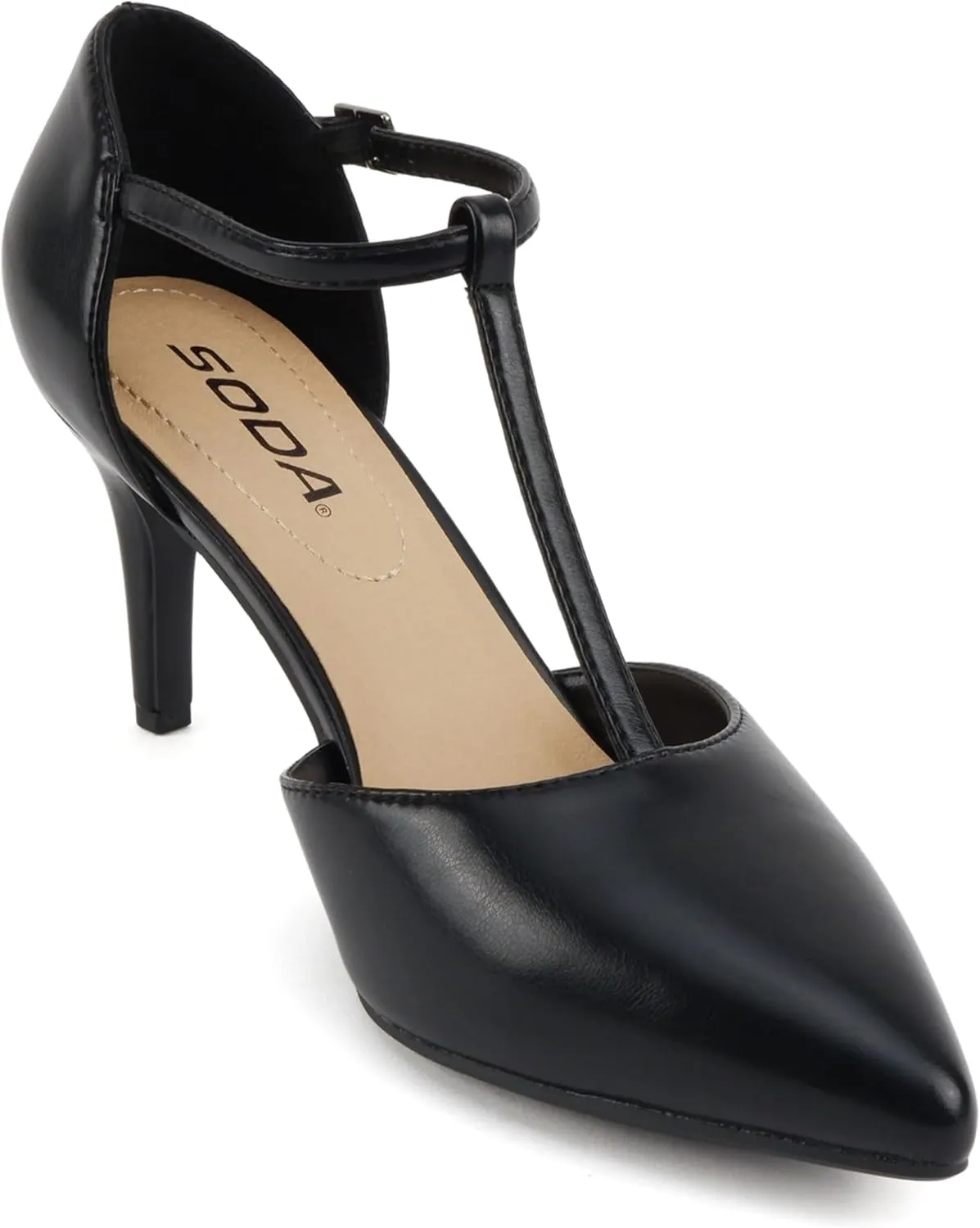 Soda Bahia ~ Women Pointed Toe Closed Back Counter Stiletto Mid Heel T-Strap Pump Shoe