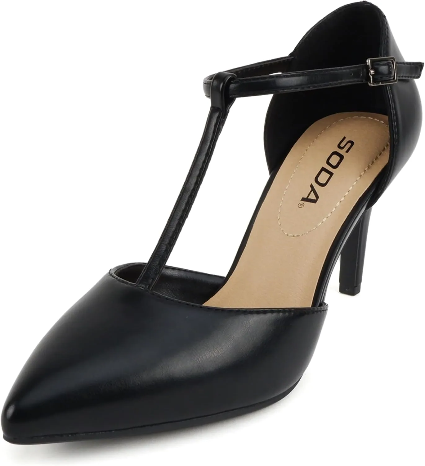 Soda Bahia ~ Women Pointed Toe Closed Back Counter Stiletto Mid Heel T-Strap Pump Shoe
