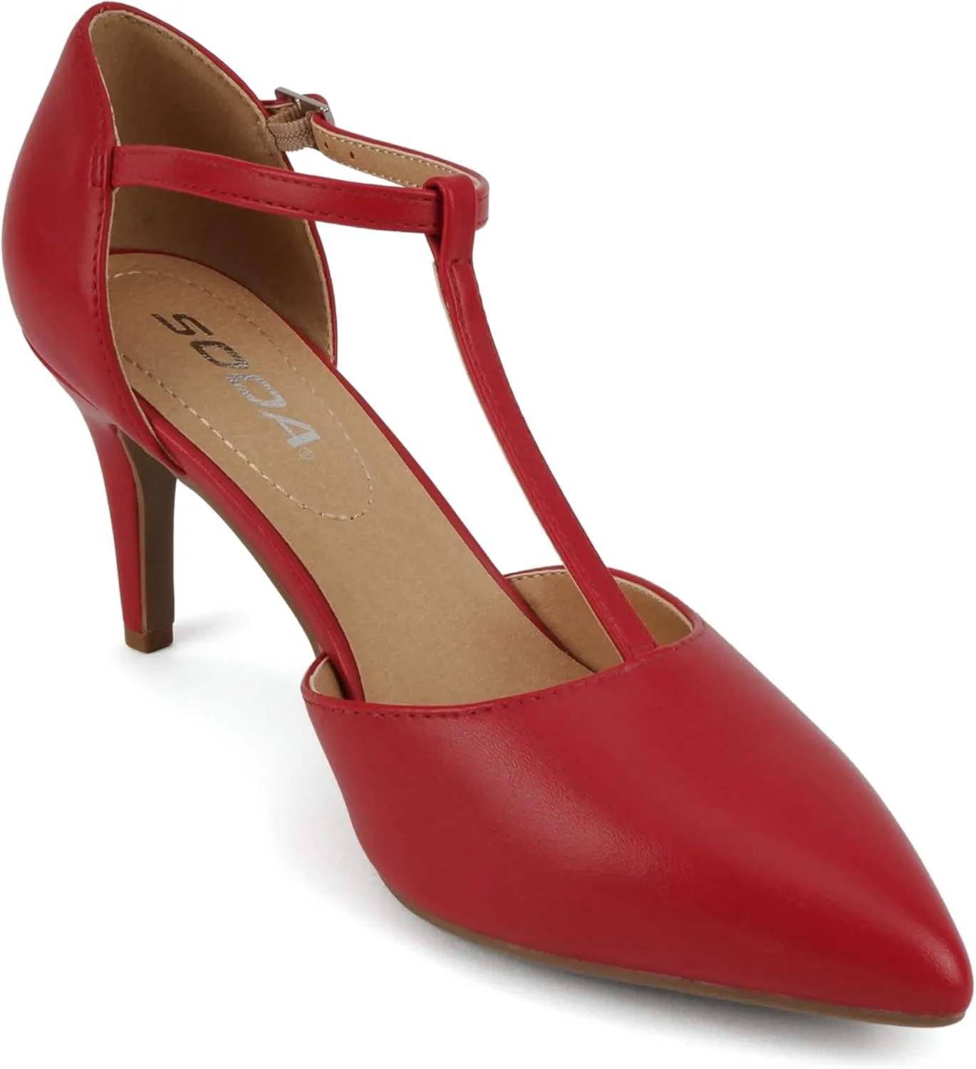 Soda Bahia ~ Women Pointed Toe Closed Back Counter Stiletto Mid Heel T-Strap Pump Shoe