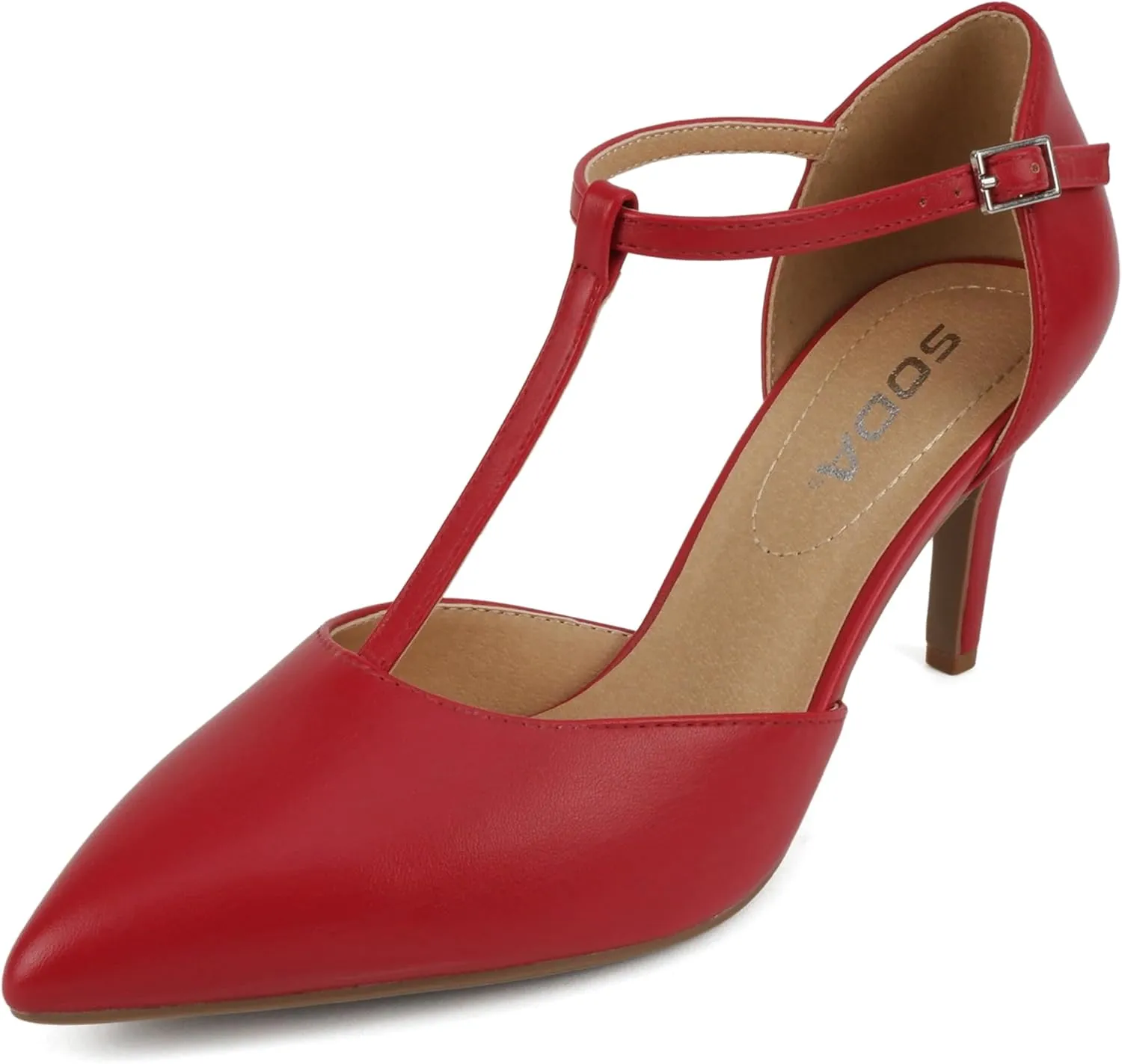 Soda Bahia ~ Women Pointed Toe Closed Back Counter Stiletto Mid Heel T-Strap Pump Shoe