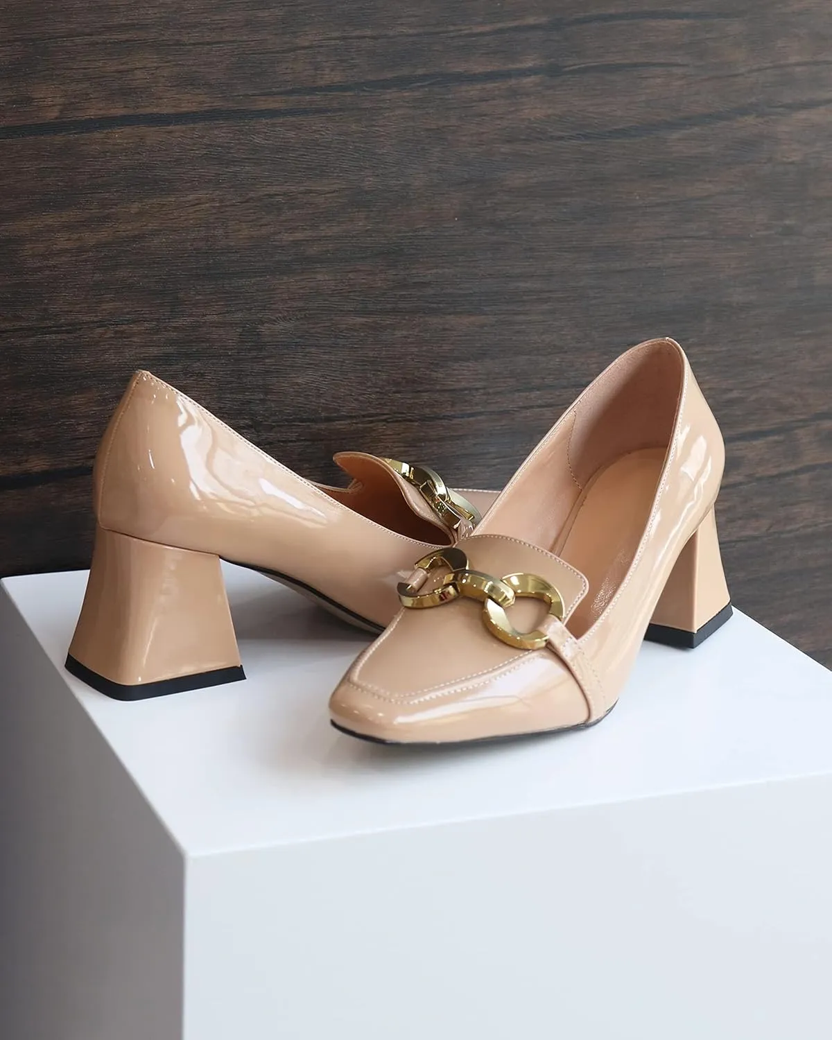 Soireelady Block Heels for Women|Square Toe Chunky Heels| Mid Block Heel Pumps|Retro Metal Chain Heels|Classic Slip-On Loafer Shoes|Dressy Pumps for Party Wedding Evening and Office