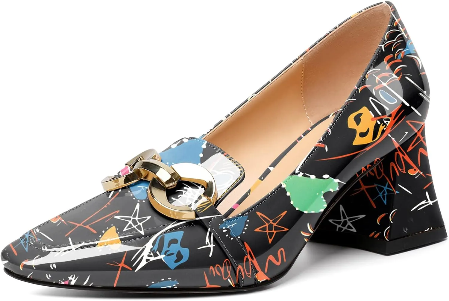 Soireelady Block Heels for Women|Square Toe Chunky Heels| Mid Block Heel Pumps|Retro Metal Chain Heels|Classic Slip-On Loafer Shoes|Dressy Pumps for Party Wedding Evening and Office