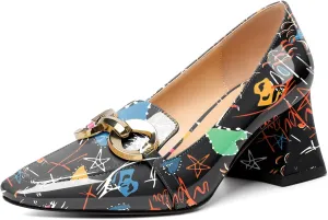 Soireelady Block Heels for Women|Square Toe Chunky Heels| Mid Block Heel Pumps|Retro Metal Chain Heels|Classic Slip-On Loafer Shoes|Dressy Pumps for Party Wedding Evening and Office