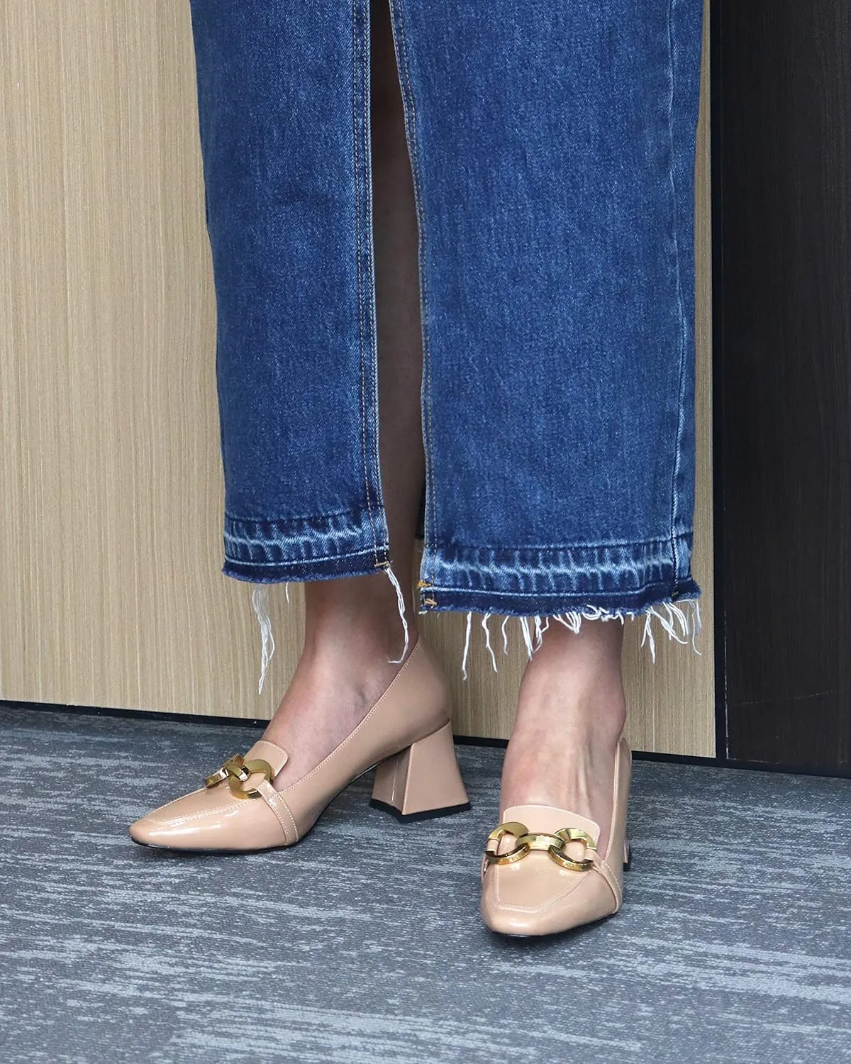 Soireelady Block Heels for Women|Square Toe Chunky Heels| Mid Block Heel Pumps|Retro Metal Chain Heels|Classic Slip-On Loafer Shoes|Dressy Pumps for Party Wedding Evening and Office