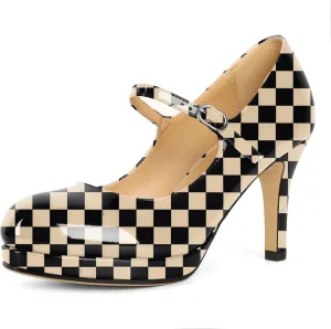 Soireelady Women's Platform Mary Jane Pumps Closed Round Toe Ankle Strap Stiletto High Heels Dress Shoes 3.5 Inches