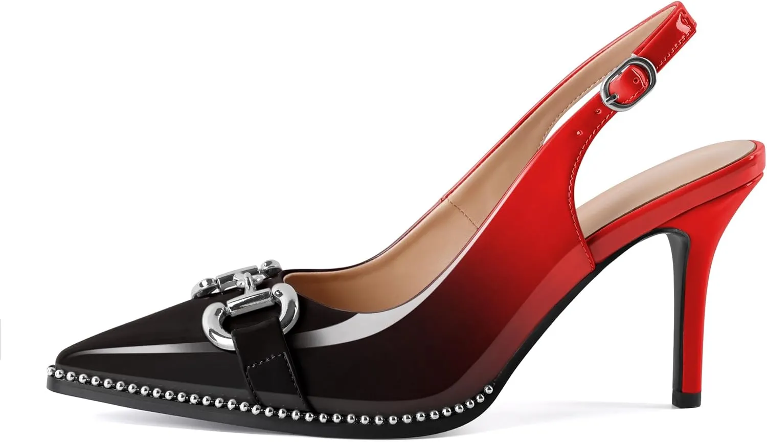 Soireelady Womens Slingback Heels Beaded Pumps High Heels Closed Pointed Toe Slip On Stilettos Pumps Dress Shoes Patent Leather 3.5 Inches