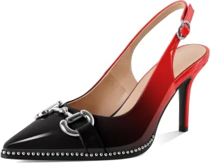 Soireelady Womens Slingback Heels Beaded Pumps High Heels Closed Pointed Toe Slip On Stilettos Pumps Dress Shoes Patent Leather 3.5 Inches