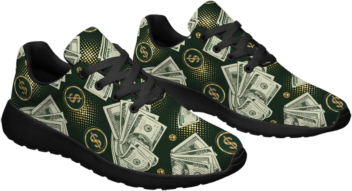 Sonzj-II Money Pattern Fashion Ultra Lightweight Running Sneakers Men Women 100 Dollar Bill Print Walking Tennis Shoes