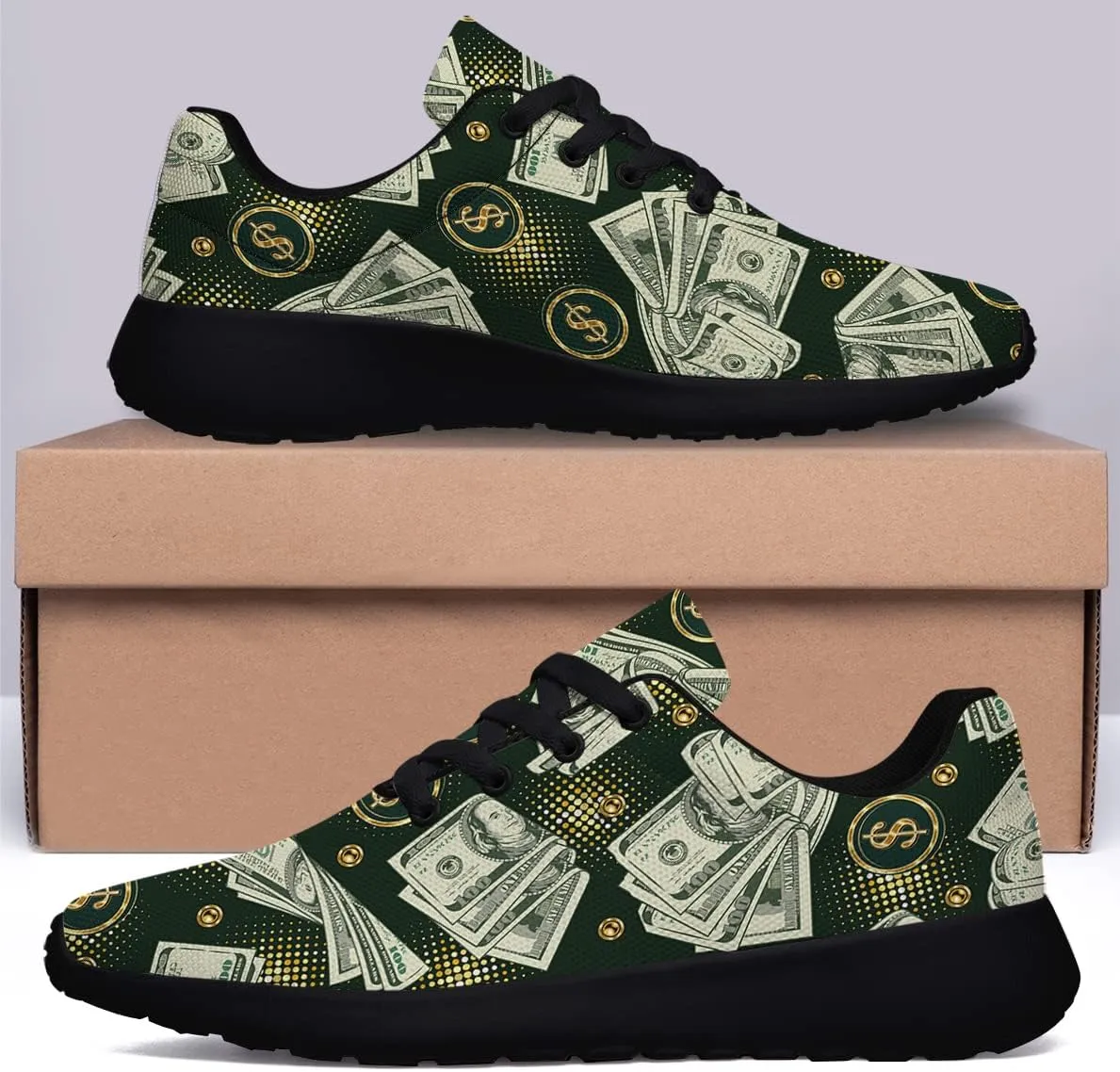 Sonzj-II Money Pattern Fashion Ultra Lightweight Running Sneakers Men Women 100 Dollar Bill Print Walking Tennis Shoes