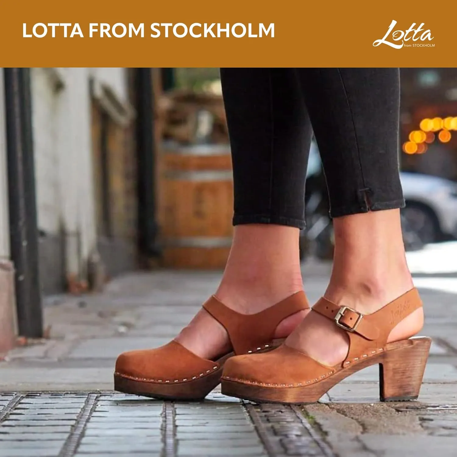 Swedish Highwood Clog Sandal for Women | Mary Jane Style Wooden Clogs Made in Sweden | Brown Alder Wood Base and Oiled Nubuck Leather | Brown
