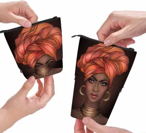 Swono African American Girl Pencil Case Black Pretty Woman Glossy Lips Turban Stand Up Pencil Case Pencil Holder Pencil Pouch For Women Men