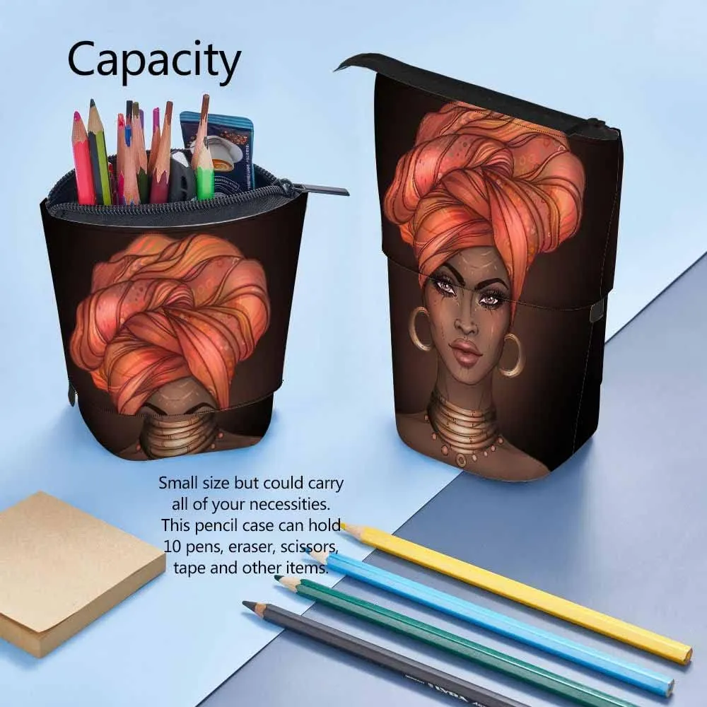 Swono African American Girl Pencil Case Black Pretty Woman Glossy Lips Turban Stand Up Pencil Case Pencil Holder Pencil Pouch For Women Men