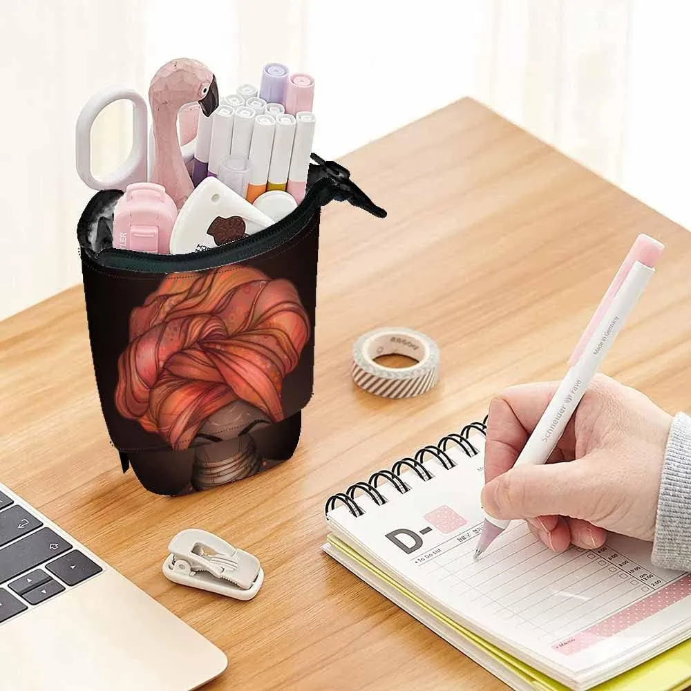 Swono African American Girl Pencil Case Black Pretty Woman Glossy Lips Turban Stand Up Pencil Case Pencil Holder Pencil Pouch For Women Men