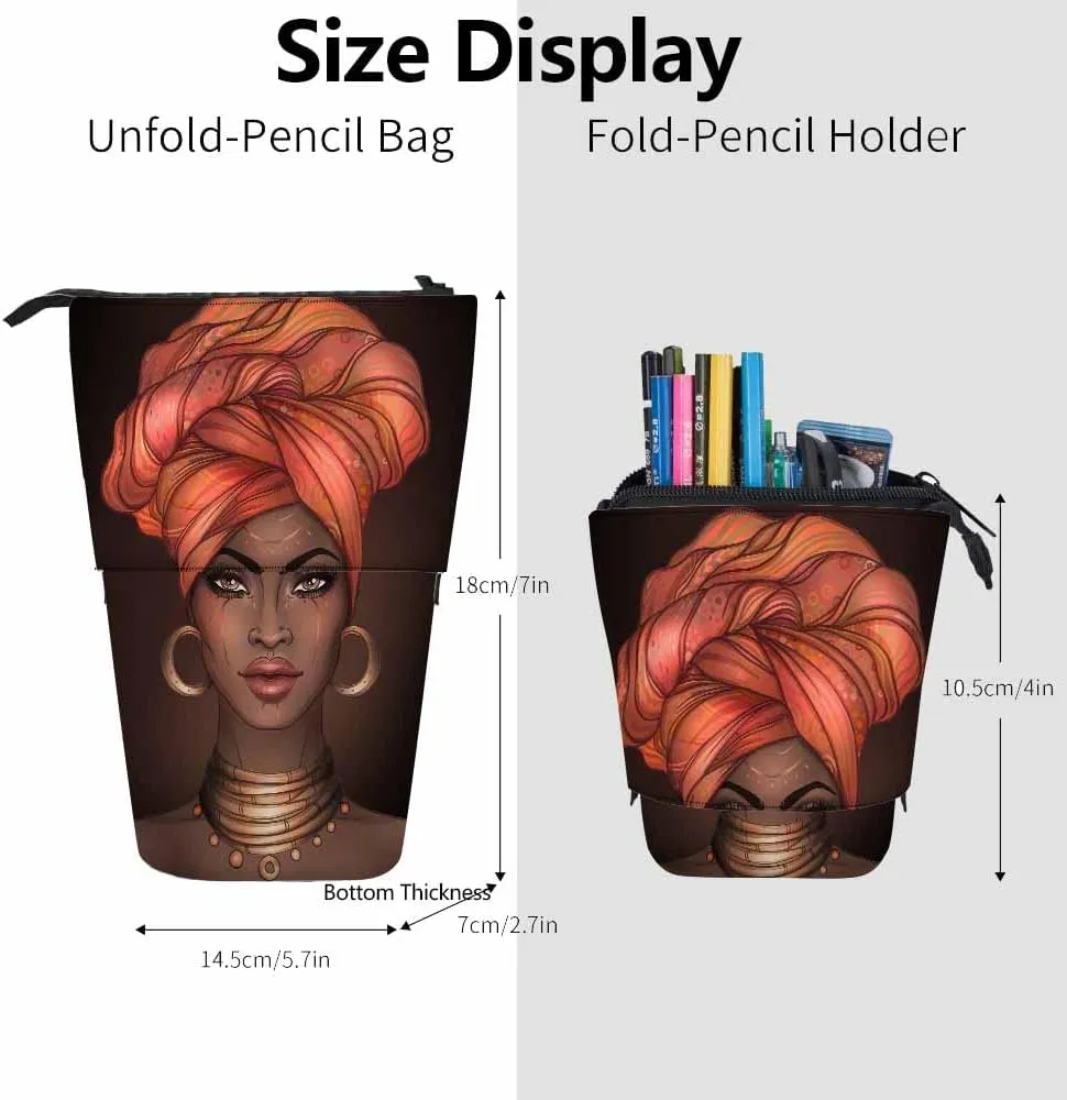 Swono African American Girl Pencil Case Black Pretty Woman Glossy Lips Turban Stand Up Pencil Case Pencil Holder Pencil Pouch For Women Men