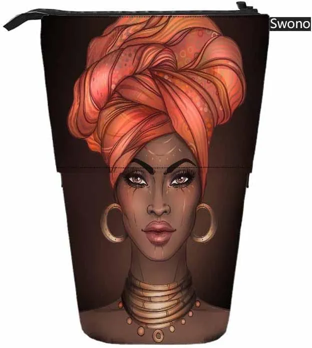 Swono African American Girl Pencil Case Black Pretty Woman Glossy Lips Turban Stand Up Pencil Case Pencil Holder Pencil Pouch For Women Men
