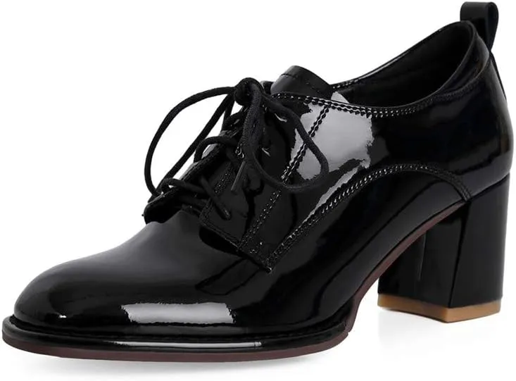 TinaCus Women's Glossy Patent Leather Handmade Round Toe Selftie Mid Chunky Heels Casual Oxford Shoes