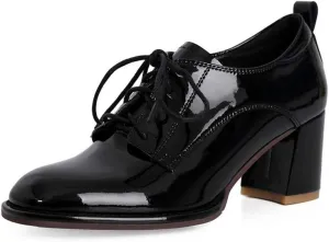 TinaCus Women's Glossy Patent Leather Handmade Round Toe Selftie Mid Chunky Heels Casual Oxford Shoes