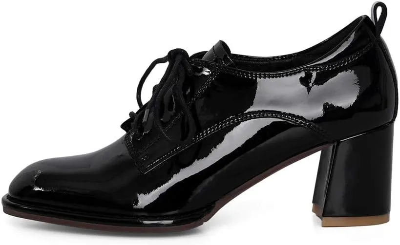 TinaCus Women's Glossy Patent Leather Handmade Round Toe Selftie Mid Chunky Heels Casual Oxford Shoes