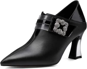 TinaCus Women's Handmade Pointed Toe Genuine Leather Sexy High Heel Glitter Square Decor Plus-Size Pump Shoes