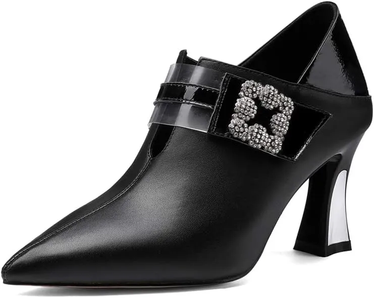 TinaCus Women's Handmade Pointed Toe Genuine Leather Sexy High Heel Glitter Square Decor Plus-Size Pump Shoes
