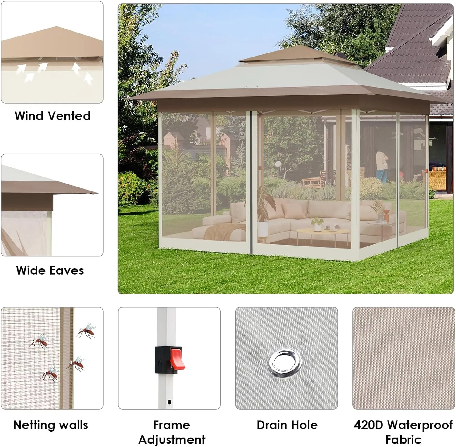 TLSUNNY 11' X 11' Gazebo, Pop Up Outdoor Canopy Tent W/4 Mesh Walls & Wheeled Bag, Screened Shelter with Netting, One-Person Set Up, Height Adjustable, for Patio, Yard, Party, Garden(Khaki)