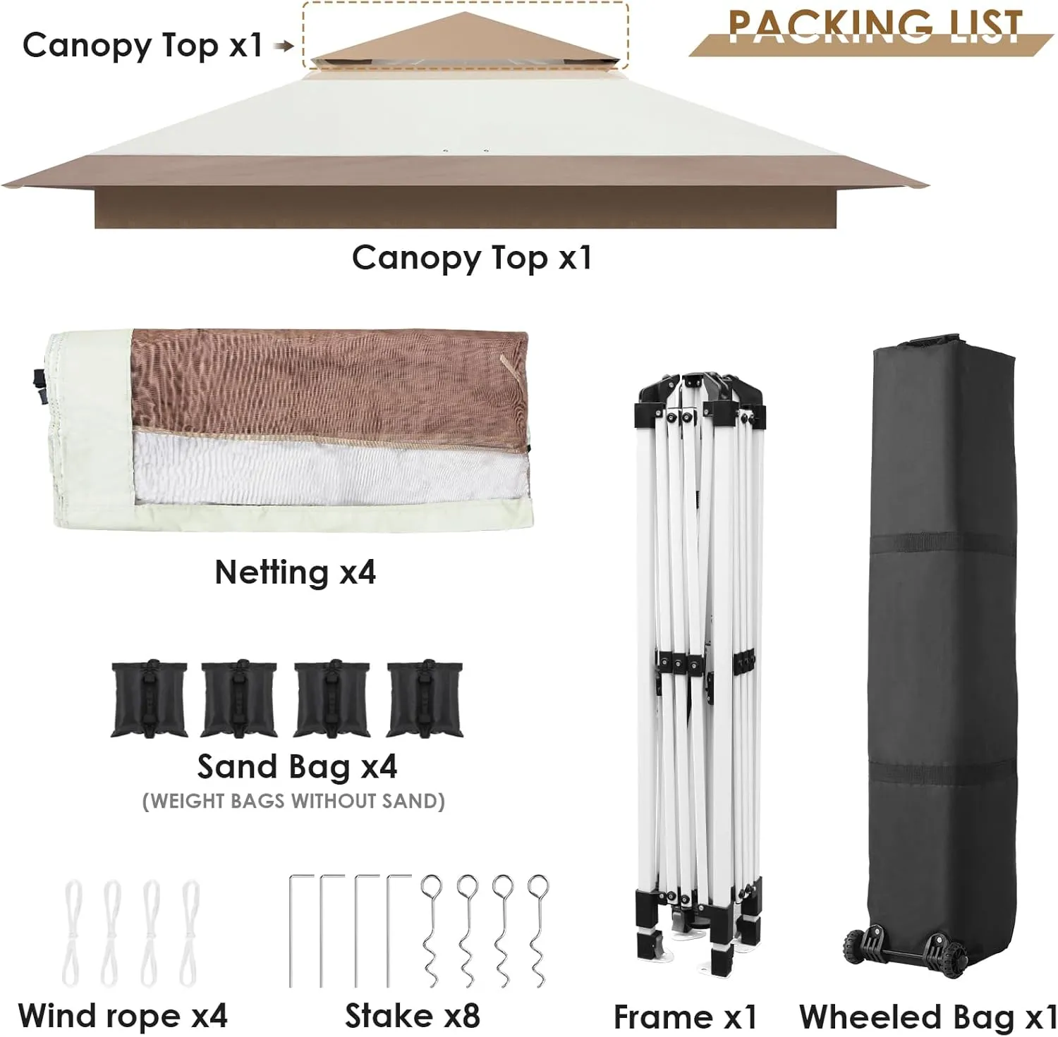 TLSUNNY 11' X 11' Gazebo, Pop Up Outdoor Canopy Tent W/4 Mesh Walls & Wheeled Bag, Screened Shelter with Netting, One-Person Set Up, Height Adjustable, for Patio, Yard, Party, Garden(Khaki)