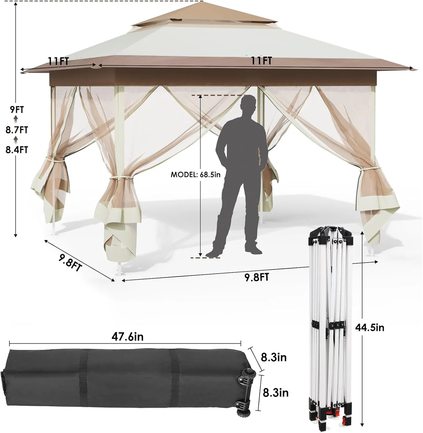 TLSUNNY 11' X 11' Gazebo, Pop Up Outdoor Canopy Tent W/4 Mesh Walls & Wheeled Bag, Screened Shelter with Netting, One-Person Set Up, Height Adjustable, for Patio, Yard, Party, Garden(Khaki)