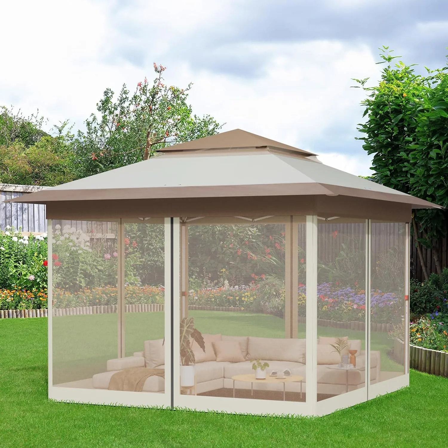 TLSUNNY 11' X 11' Gazebo, Pop Up Outdoor Canopy Tent W/4 Mesh Walls & Wheeled Bag, Screened Shelter with Netting, One-Person Set Up, Height Adjustable, for Patio, Yard, Party, Garden(Khaki)