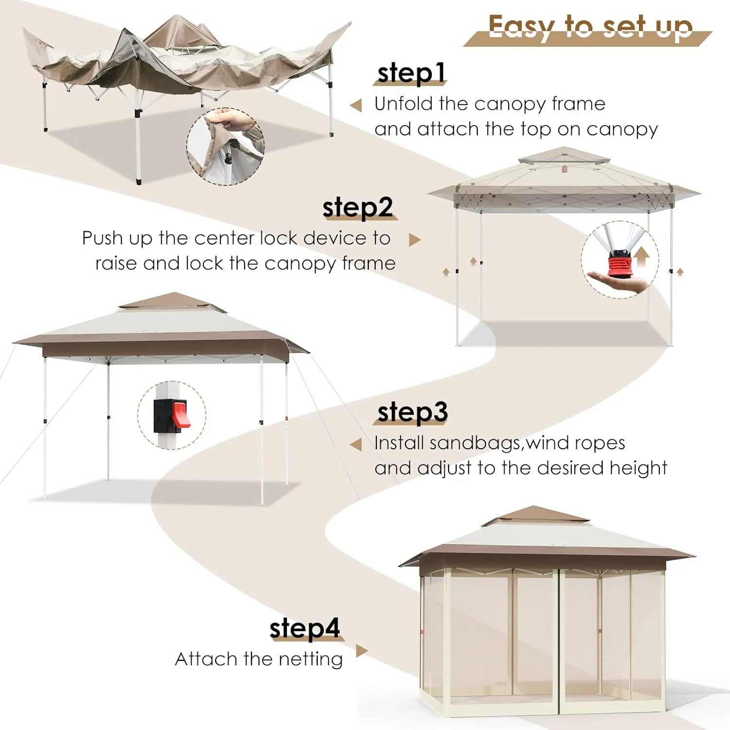 TLSUNNY 11' X 11' Gazebo, Pop Up Outdoor Canopy Tent W/4 Mesh Walls & Wheeled Bag, Screened Shelter with Netting, One-Person Set Up, Height Adjustable, for Patio, Yard, Party, Garden(Khaki)
