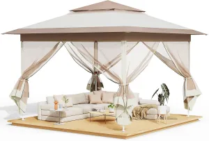 TLSUNNY 11' X 11' Gazebo, Pop Up Outdoor Canopy Tent W/4 Mesh Walls & Wheeled Bag, Screened Shelter with Netting, One-Person Set Up, Height Adjustable, for Patio, Yard, Party, Garden(Khaki)