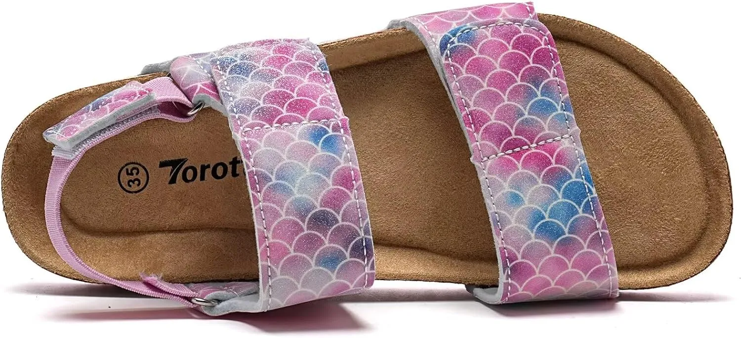 Torotto Girls Boys Sandals with Cork Footbed Adjustable Straps Summer Glitter Slides Sandals Open Toes Flat for Kids Toddler