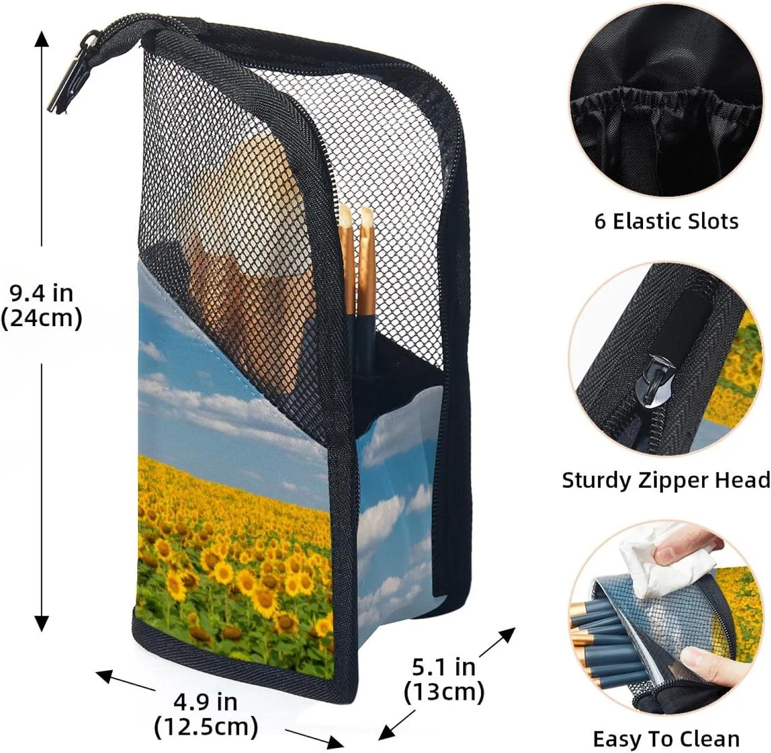 Travel Makeup Brush Holder, Large Stand-Up Makeup Brush Case, Professional Brush Organizer Foldable Makeup Artist Brush Storage Bag - Golden Summer Sunflower Field