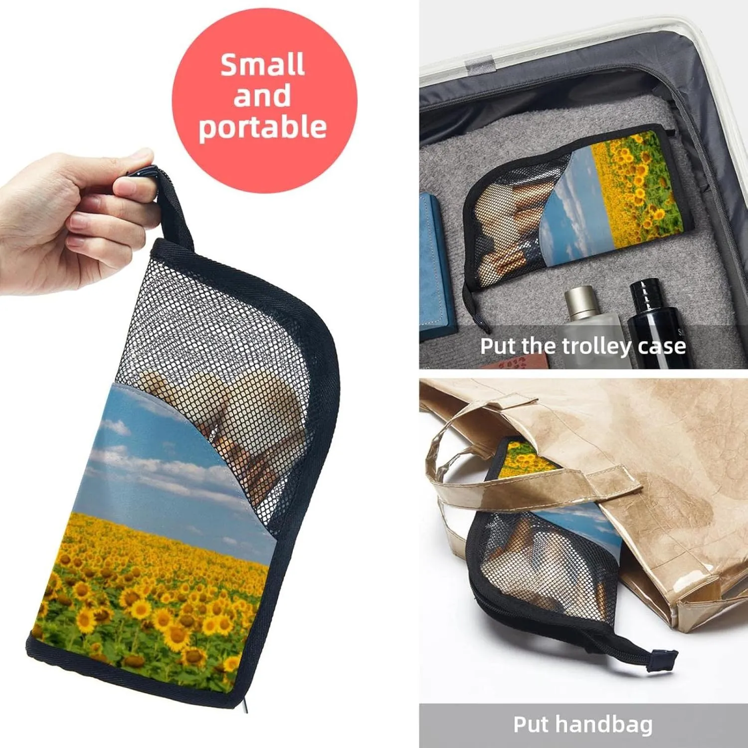 Travel Makeup Brush Holder, Large Stand-Up Makeup Brush Case, Professional Brush Organizer Foldable Makeup Artist Brush Storage Bag - Golden Summer Sunflower Field