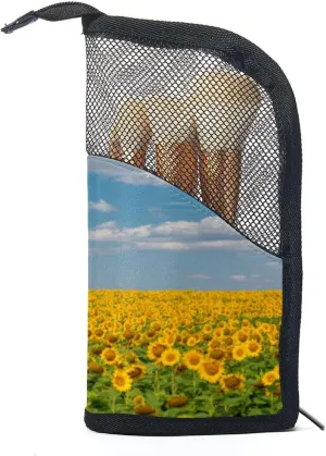 Travel Makeup Brush Holder, Large Stand-Up Makeup Brush Case, Professional Brush Organizer Foldable Makeup Artist Brush Storage Bag - Golden Summer Sunflower Field