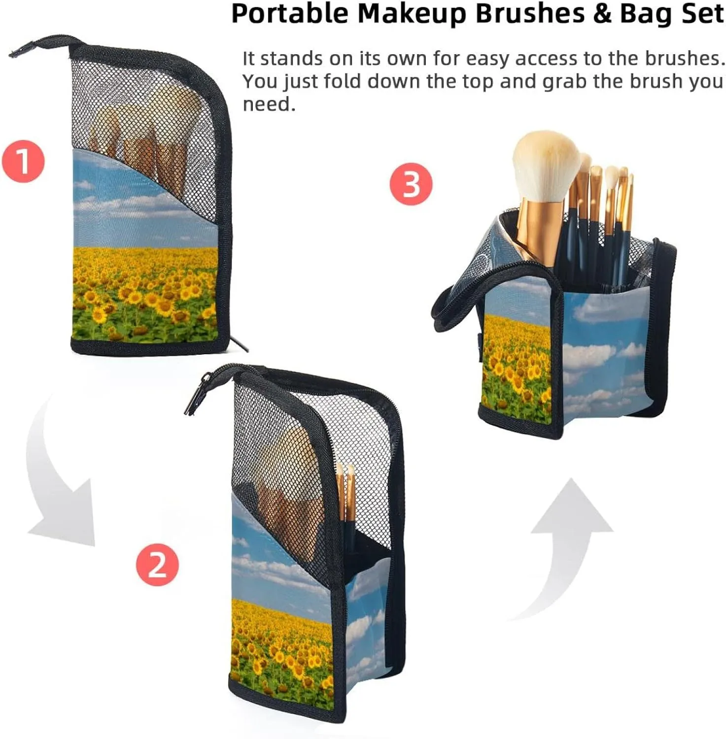 Travel Makeup Brush Holder, Large Stand-Up Makeup Brush Case, Professional Brush Organizer Foldable Makeup Artist Brush Storage Bag - Golden Summer Sunflower Field