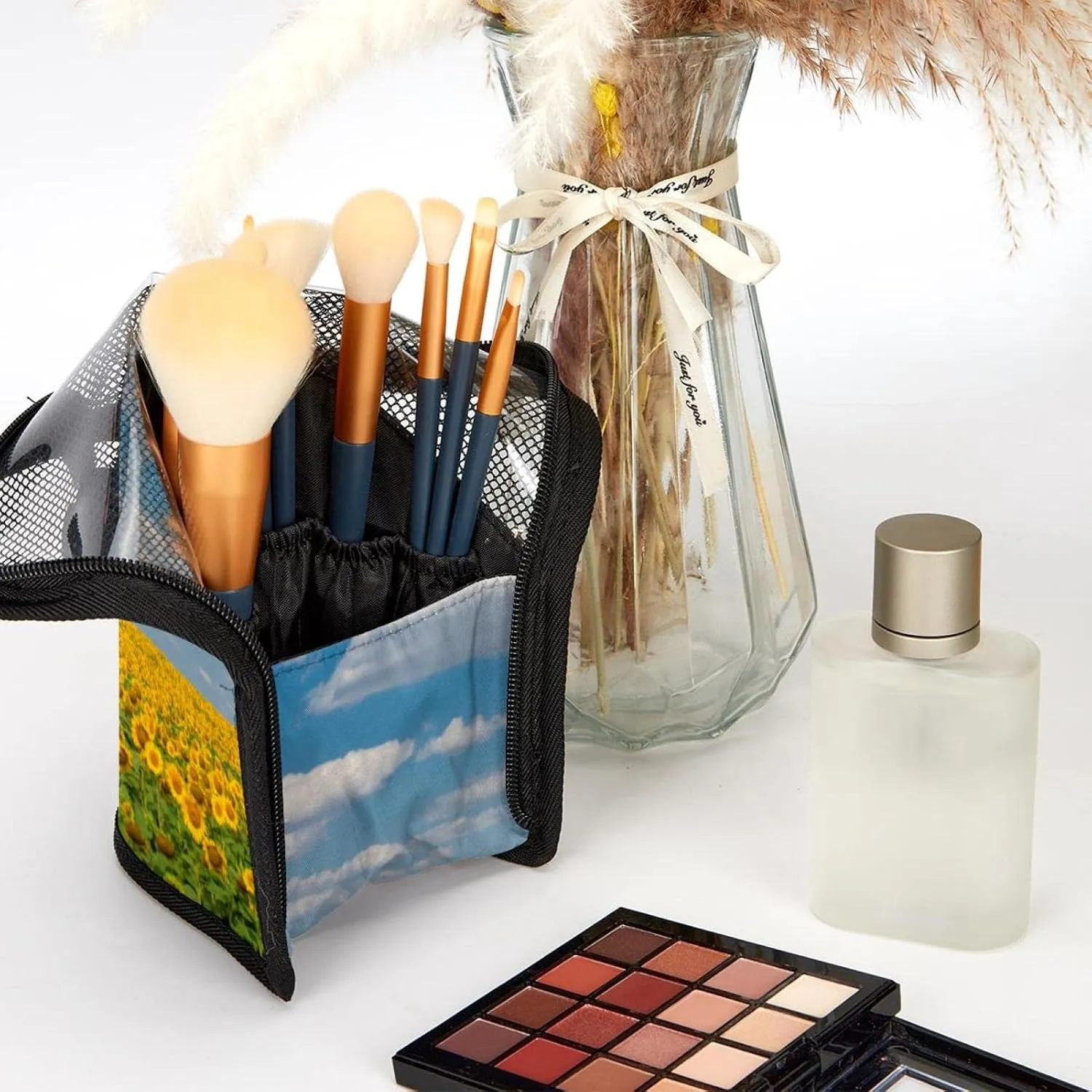 Travel Makeup Brush Holder, Large Stand-Up Makeup Brush Case, Professional Brush Organizer Foldable Makeup Artist Brush Storage Bag - Golden Summer Sunflower Field