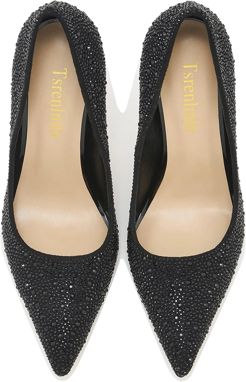 Tsrenlmln Women's Stiletto High Heel Pumps Classic Party Wedding Pointed Toe Pump Shoes with Black Rhinestone
