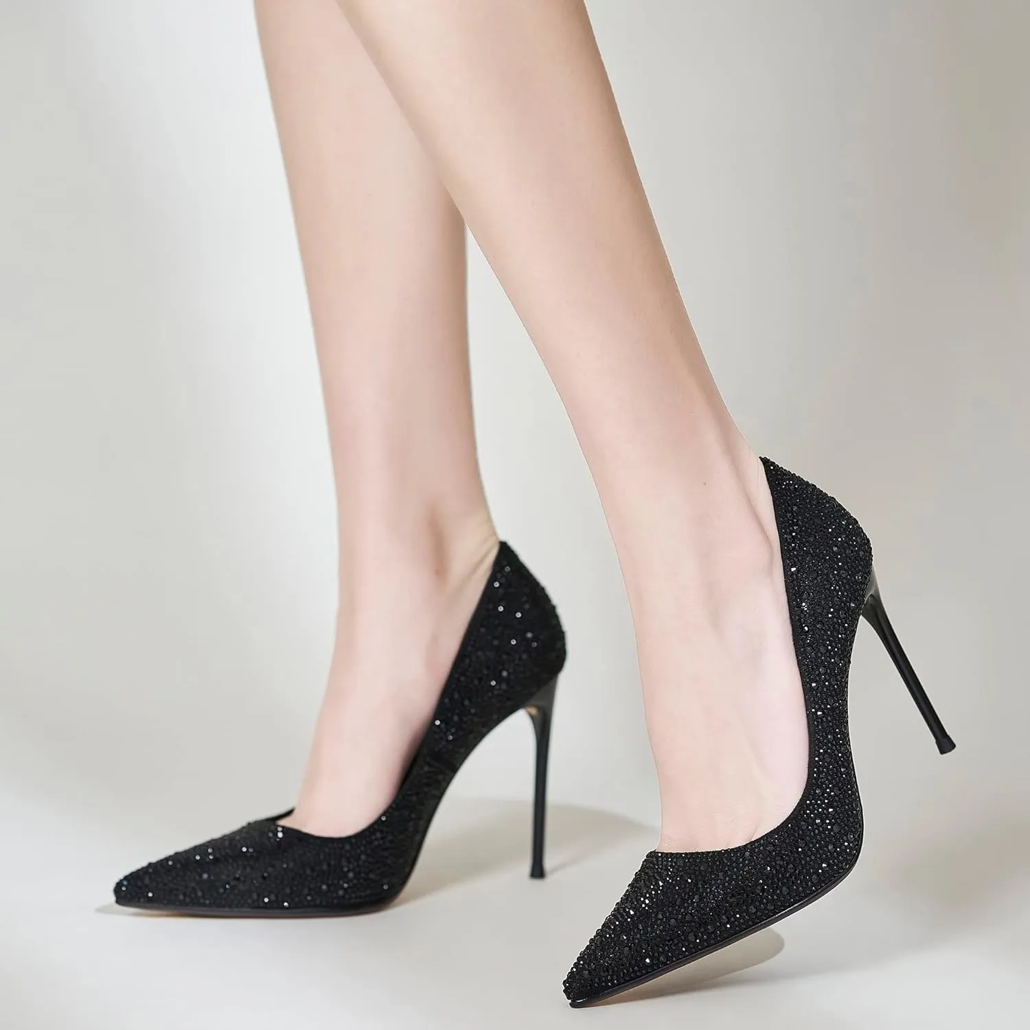 Tsrenlmln Women's Stiletto High Heel Pumps Classic Party Wedding Pointed Toe Pump Shoes with Black Rhinestone