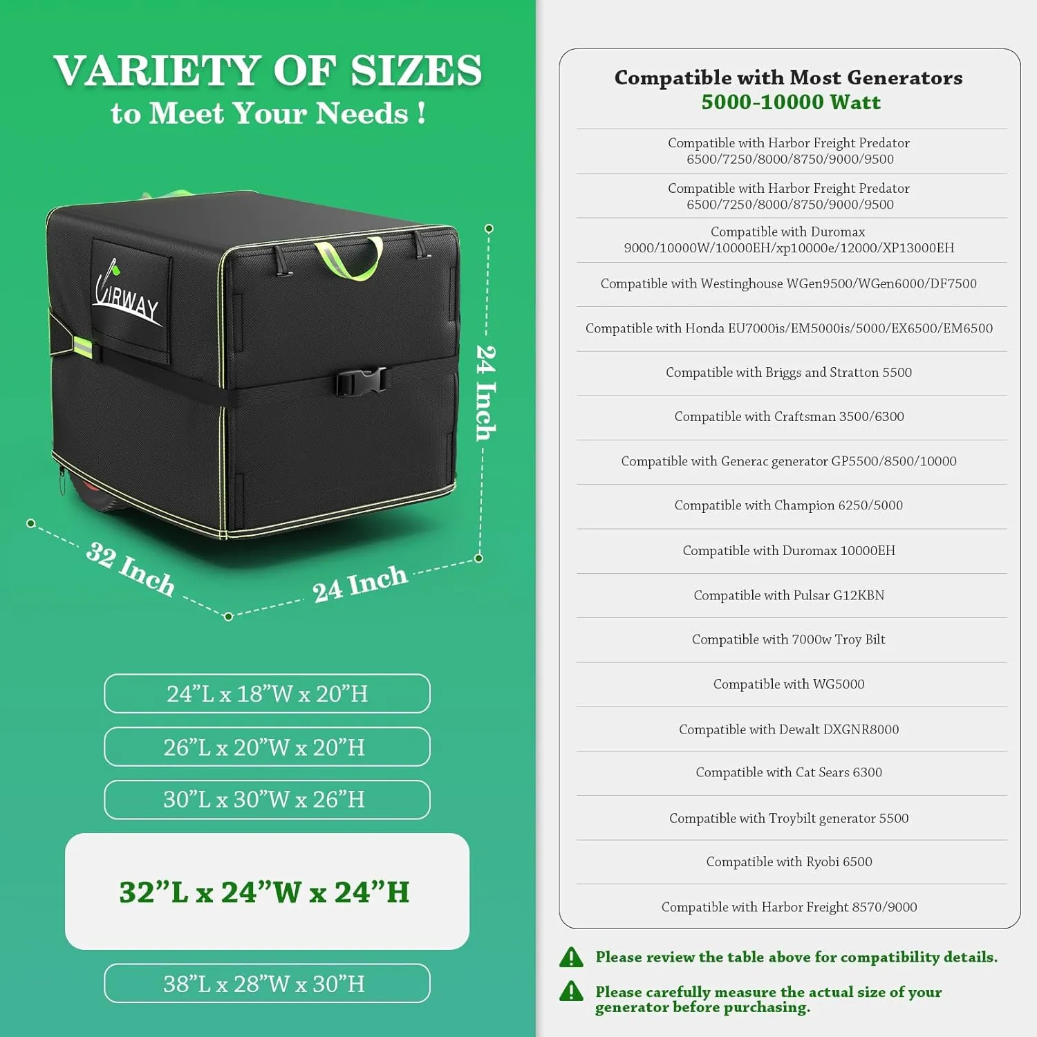 UIRWAY Outdoor Generator Covers Waterproof, 32”L x 24”W x 24”H Portable Generator Cover for Outside, 600D Heavy Duty Universal Generator Protection Cover Fit for Most Generators 5000-10000 Watt
