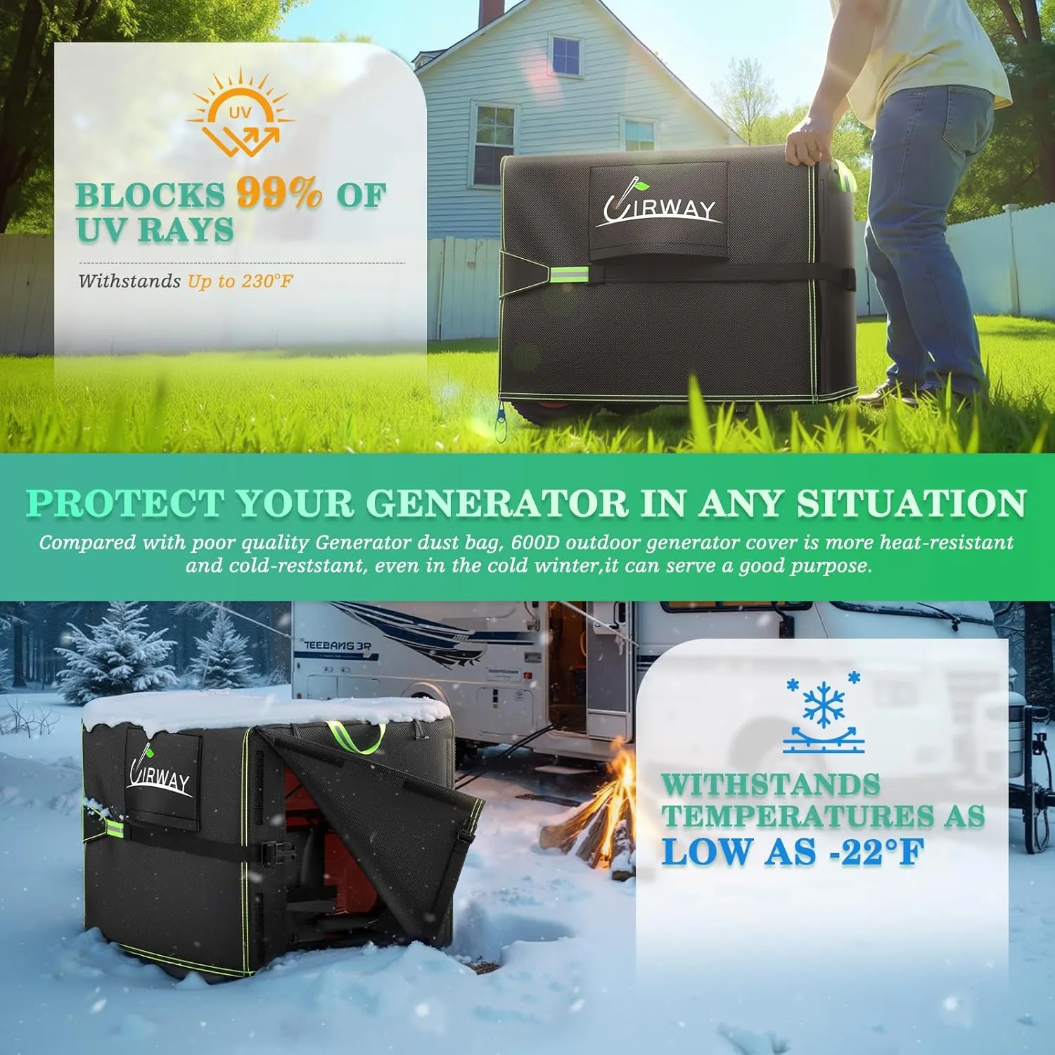 UIRWAY Outdoor Generator Covers Waterproof, 32”L x 24”W x 24”H Portable Generator Cover for Outside, 600D Heavy Duty Universal Generator Protection Cover Fit for Most Generators 5000-10000 Watt