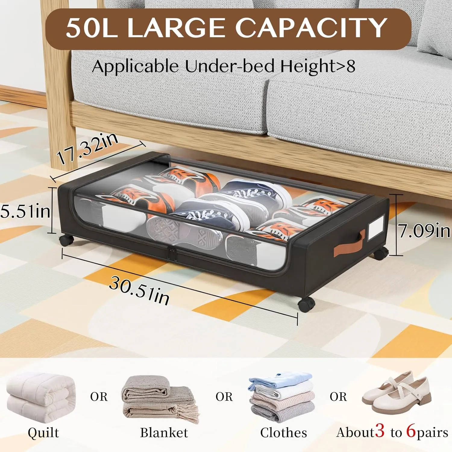 Under Bed Storage with Wheels, 50L Large Capacity UnderBed Storage Containers with Clear Lid and Handles, Under the Bed Storage Bins Drawers for Clothes,Blankets,Shoes,Books (BLACK, 2 PACK)