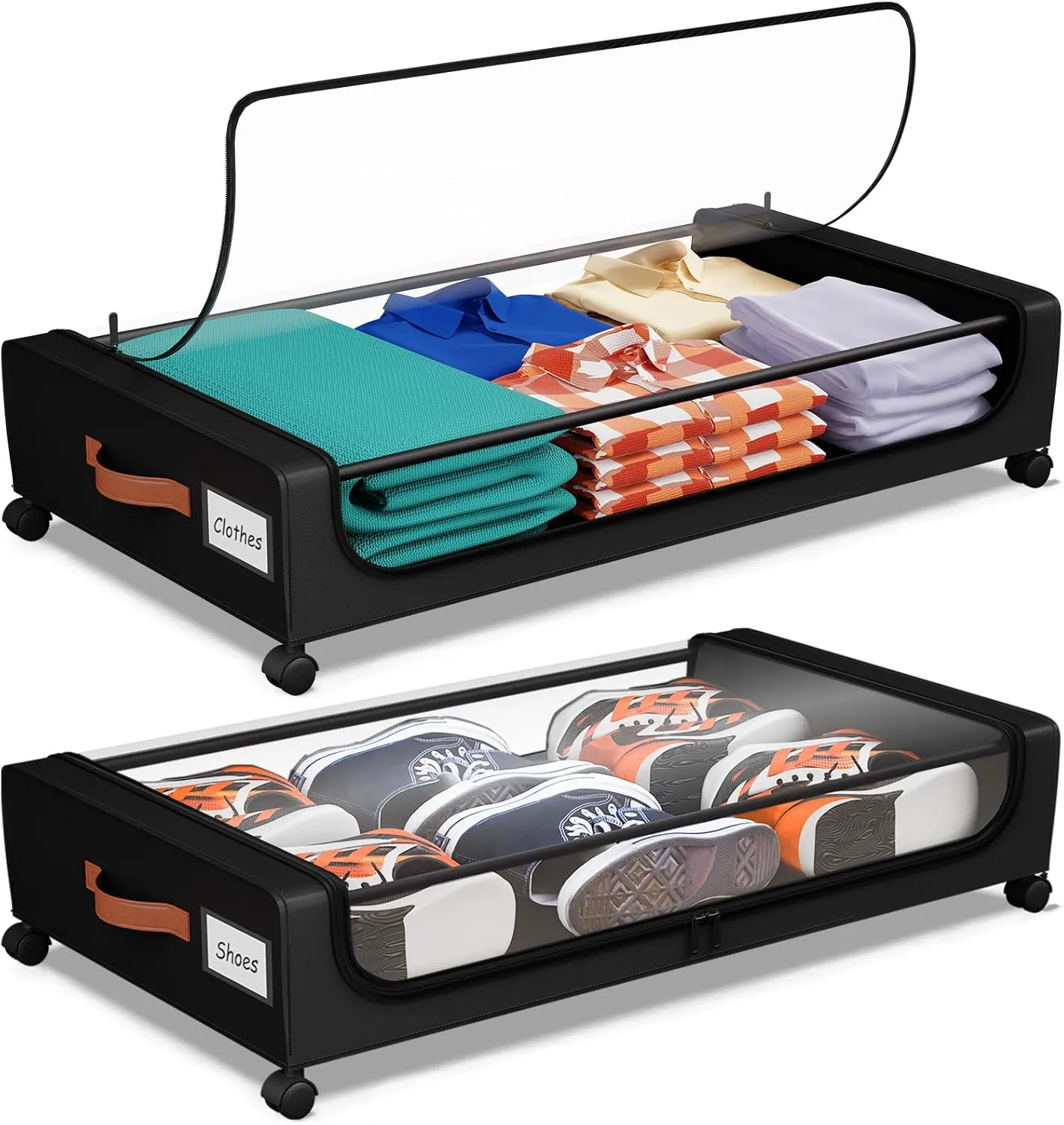 Under Bed Storage with Wheels, 50L Large Capacity UnderBed Storage Containers with Clear Lid and Handles, Under the Bed Storage Bins Drawers for Clothes,Blankets,Shoes,Books (BLACK, 2 PACK)