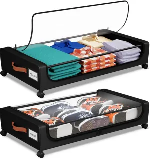 Under Bed Storage with Wheels, 50L Large Capacity UnderBed Storage Containers with Clear Lid and Handles, Under the Bed Storage Bins Drawers for Clothes,Blankets,Shoes,Books (BLACK, 2 PACK)