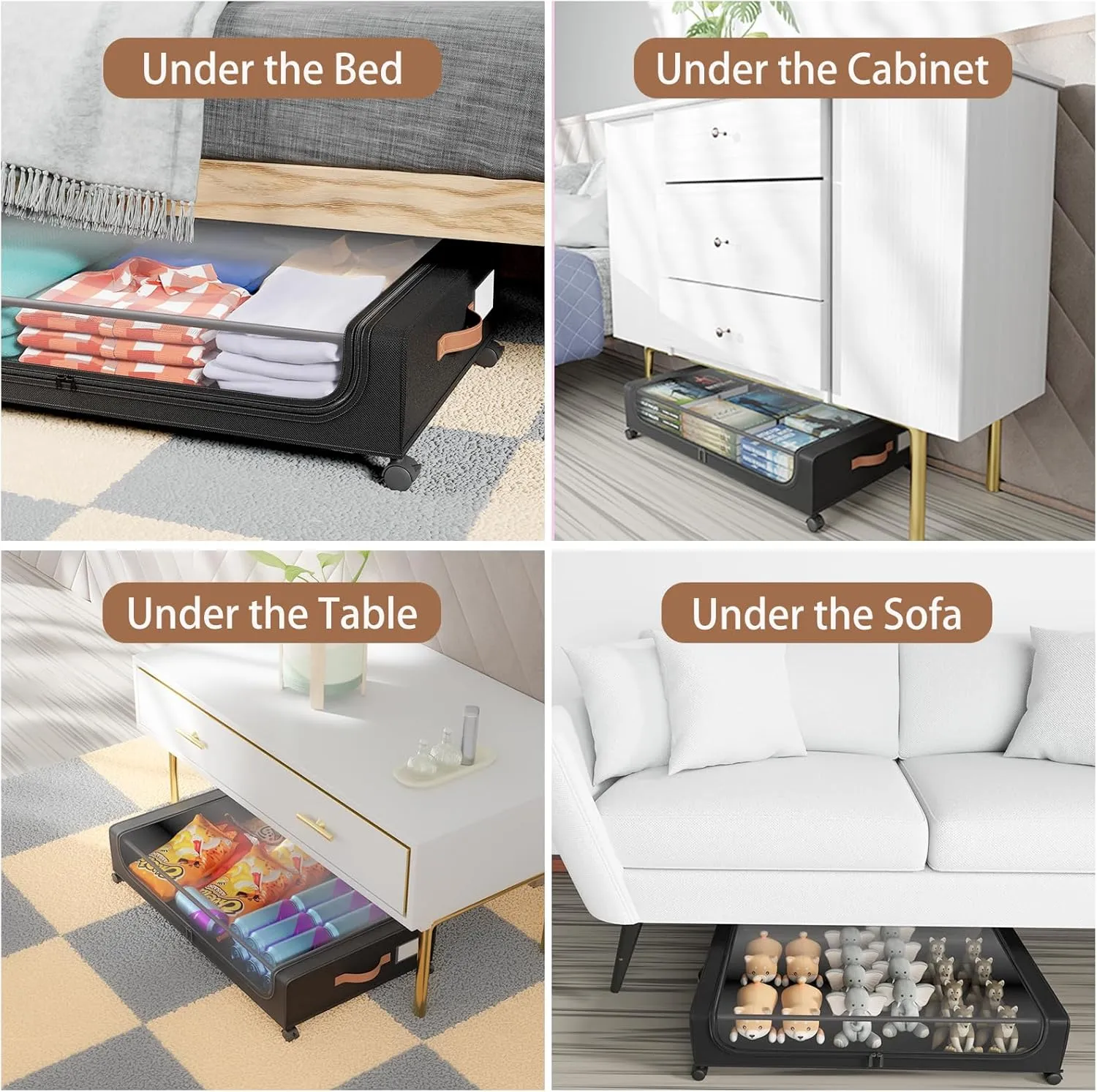 Under Bed Storage with Wheels, 50L Large Capacity UnderBed Storage Containers with Clear Lid and Handles, Under the Bed Storage Bins Drawers for Clothes,Blankets,Shoes,Books (BLACK, 2 PACK)