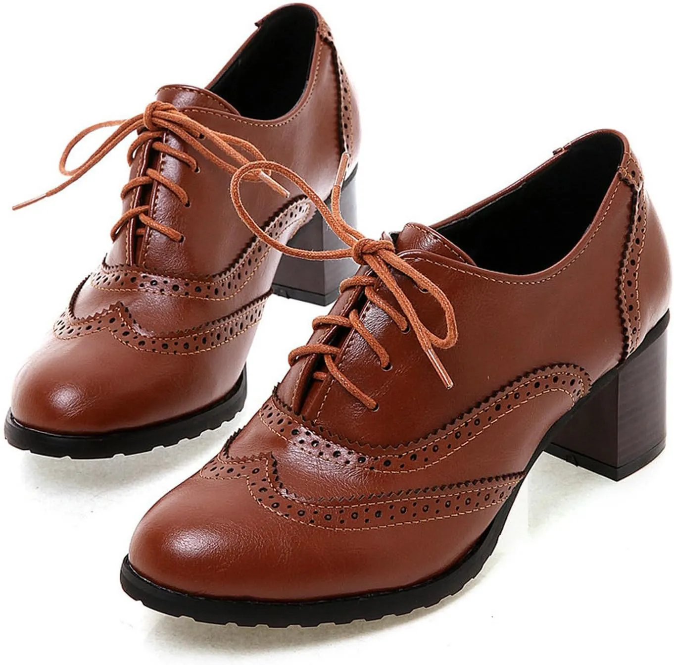 Uniquelly Women's Lace up Oxfords Vintage Brogues Shoes Round Toe Stacked Heel Wingtip Oxford Shoes Chunky Block Heels Retro Saddle Shoes Pumps