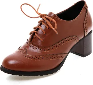 Uniquelly Women's Lace up Oxfords Vintage Brogues Shoes Round Toe Stacked Heel Wingtip Oxford Shoes Chunky Block Heels Retro Saddle Shoes Pumps