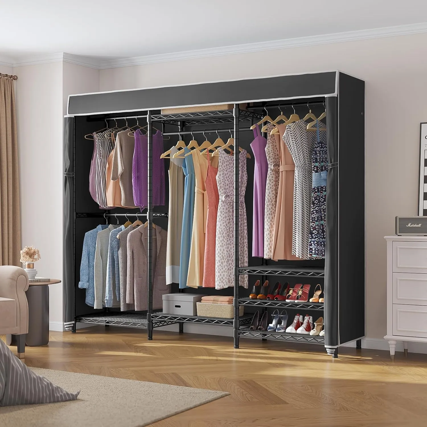 VIPEK V5C Heavy Duty Covered Clothes Rack Portable Bedroom Armoires Rack, Black Metal Clothing Rack with Black Cover, Adjustable Custom Freestanding Closet Wardrobe, Max Load 800LBS