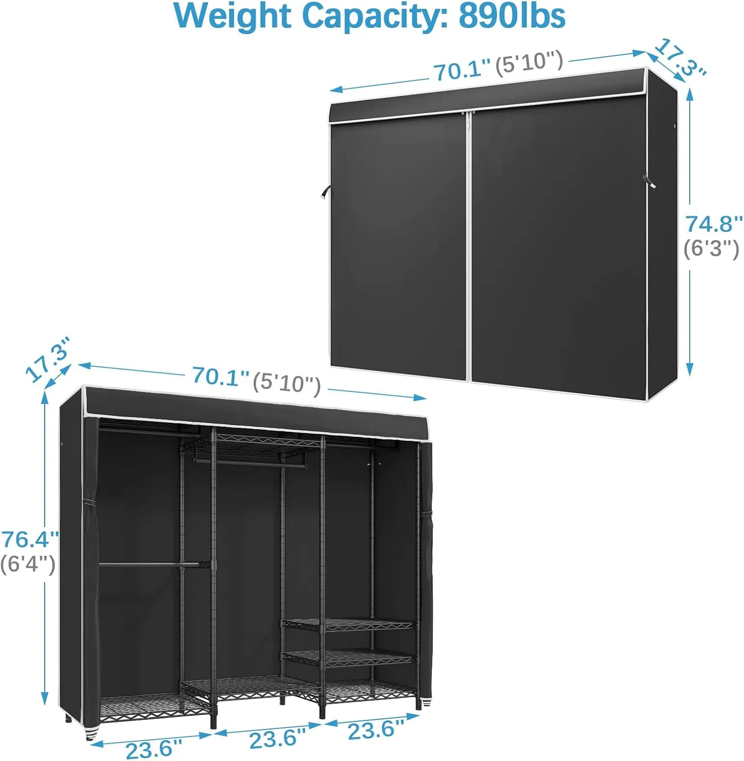 VIPEK V5C Heavy Duty Covered Clothes Rack Portable Bedroom Armoires Rack, Black Metal Clothing Rack with Black Cover, Adjustable Custom Freestanding Closet Wardrobe, Max Load 800LBS
